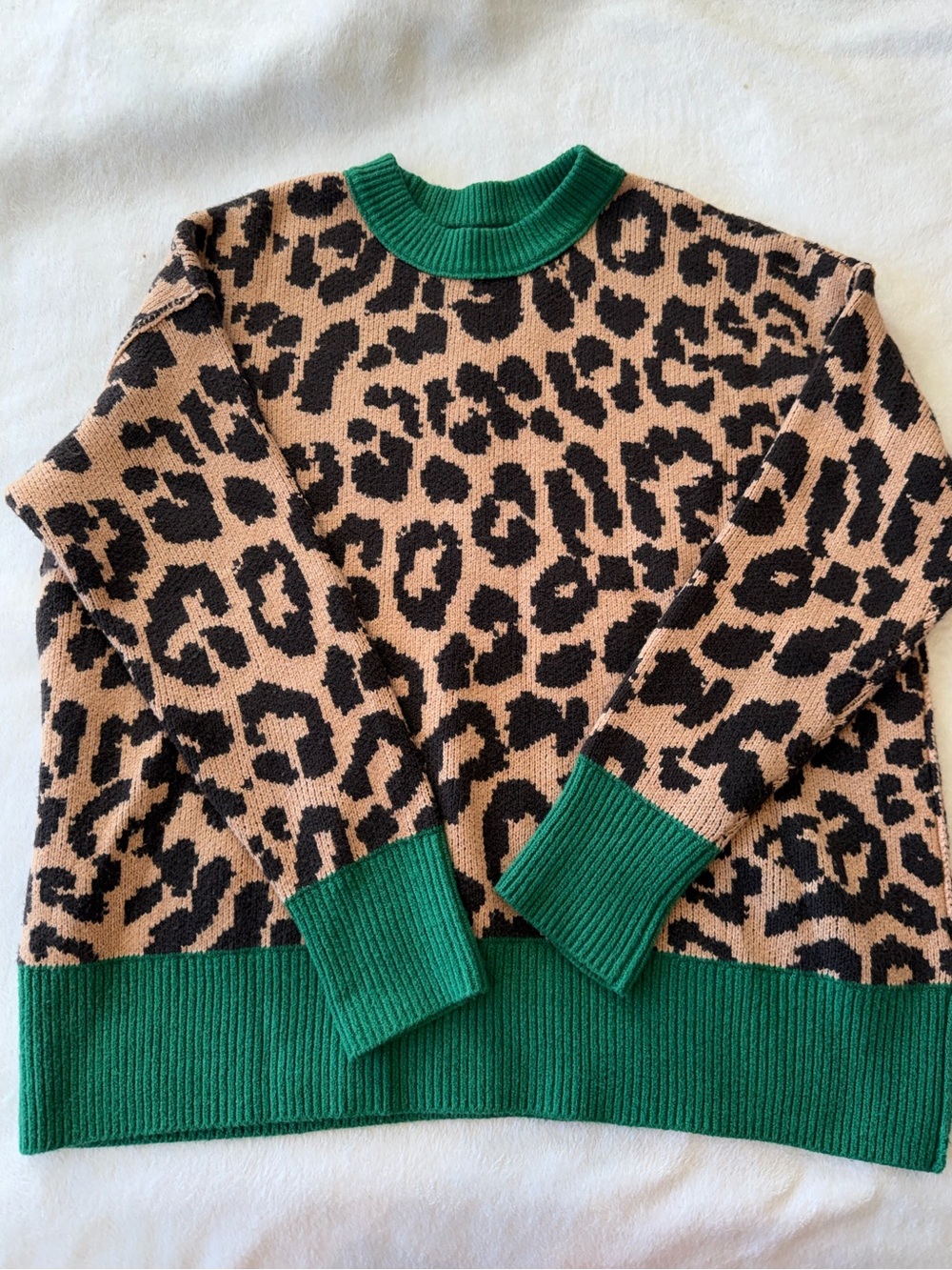 aerie Leopard-Print Crewneck Sweater with Green Trim